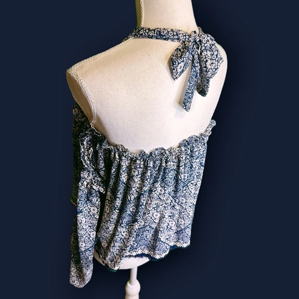 Misa Los Angeles Blue Floral Print ‘Livey’ Off The Shoulder Tie-Neck Top Size XS
